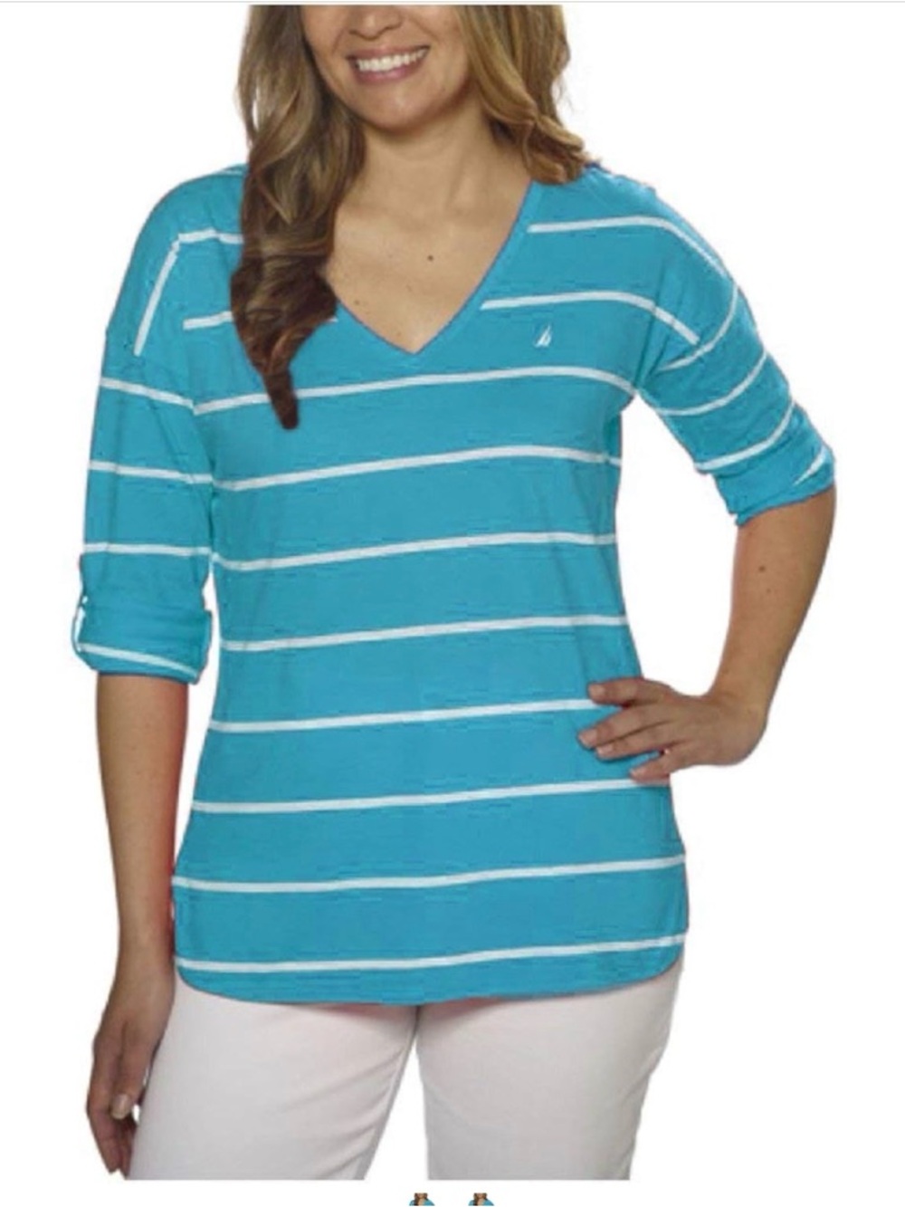 Nautica Scuba Blue Rolled Tab Sleeves 100% Cotton Striped Tee